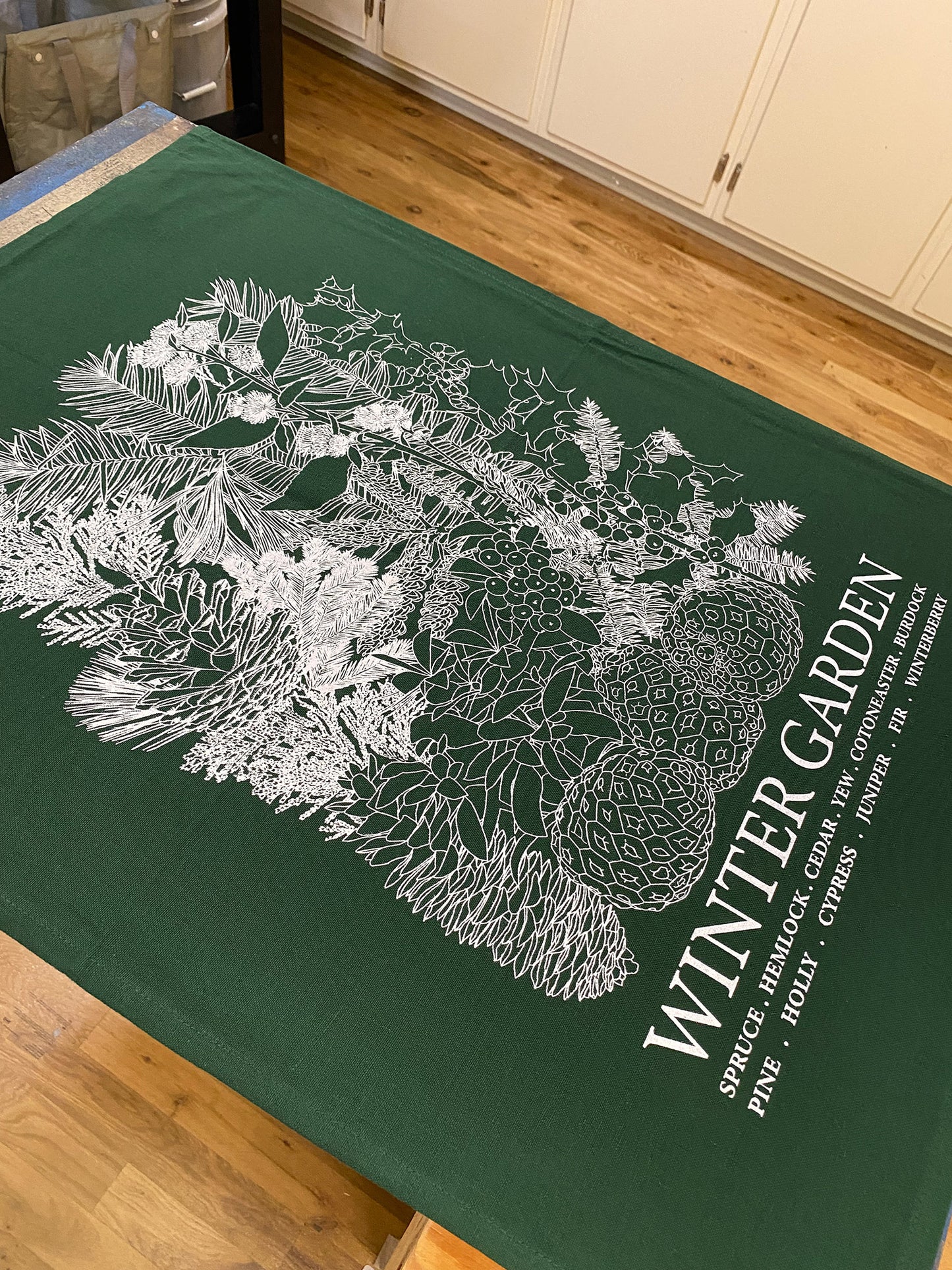WINTER GARDEN Hand Printed Artisan Tea Towel