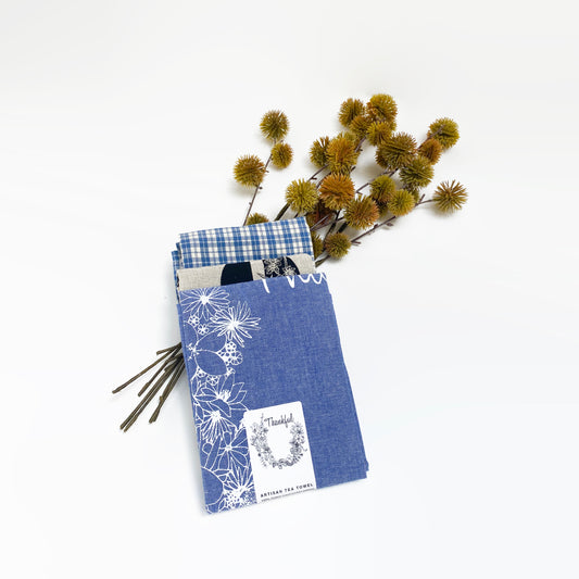 Botanical Set Artisan Tea Towels  + Abc flowers +  Thankful + Blue Checked Towel⁠