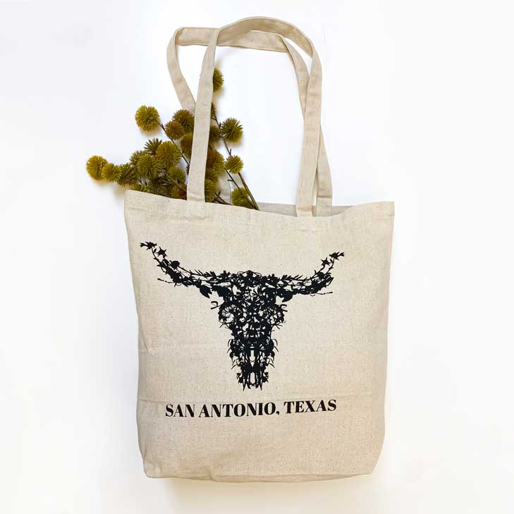 SAN ANTONIO Wildflowers Longhorn Tote Bag