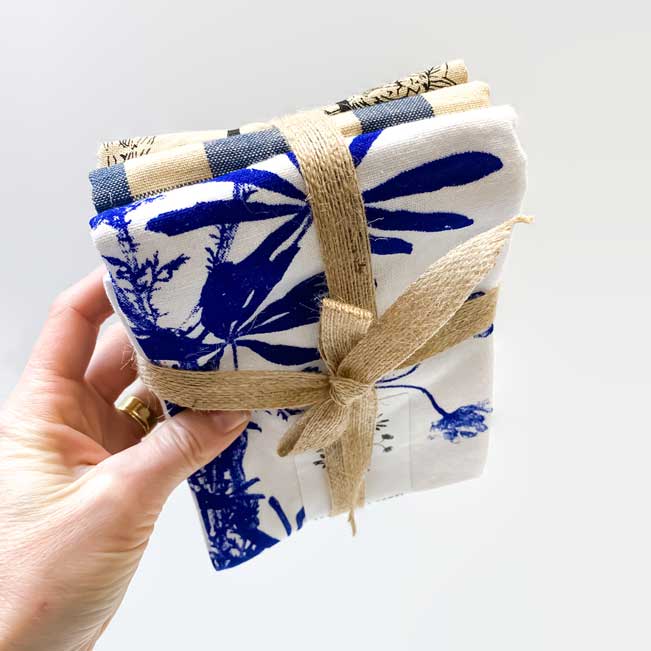 Navy Botanical Handprinted Artisan Tea Towel Set