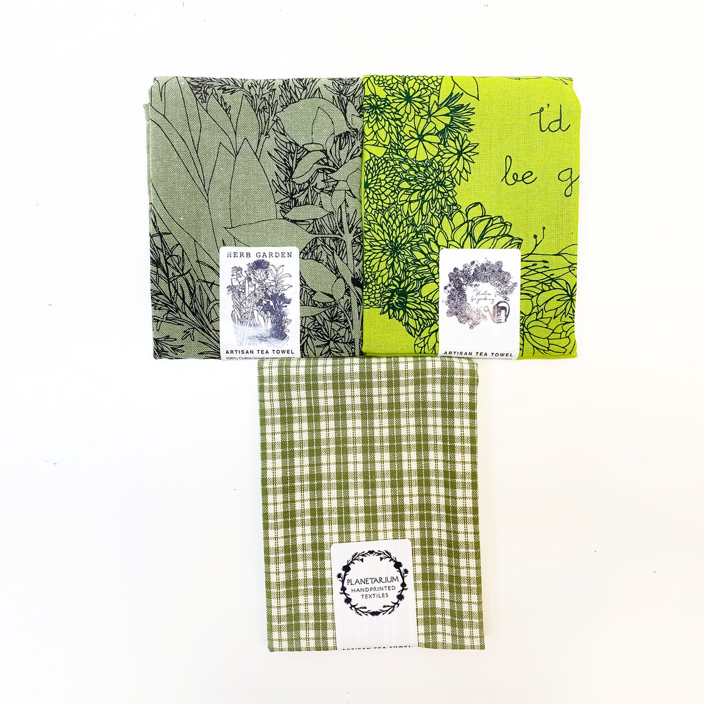 Green Gardening Botanical Handprinted Artisan Tea Towel Set
