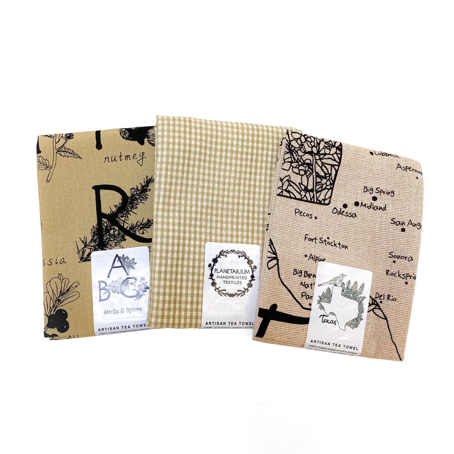 TEXAS & ABC Herbs & Spices Botanical Handprinted Artisan Tea Towel Set