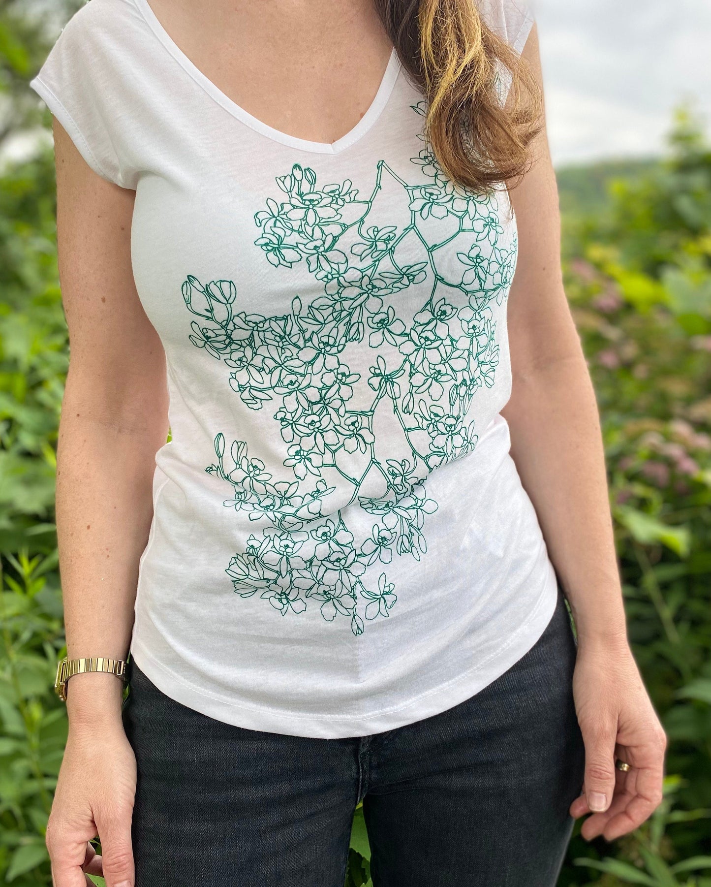 Green Orchid botanical print top
